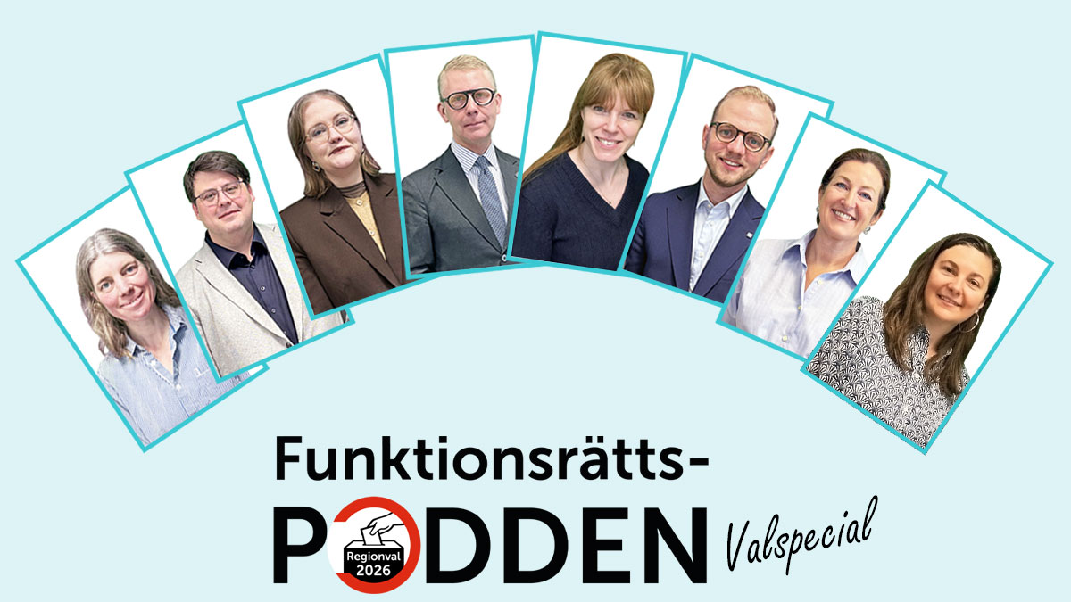 Loggan för Funktionsrättspoddens valspecial och porträttbilder på de åtta intervjuade politikerna.