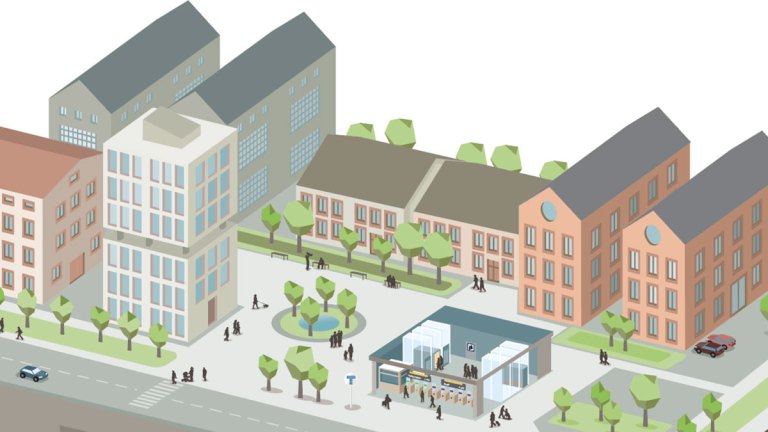 FUT planerar konst i nya tunnelbanan samtidigt som planeringen av hur de nya stationerna ska se ut. En illustration av en tunnelbanestation ovan jord, med flera hissar men utan trappor.