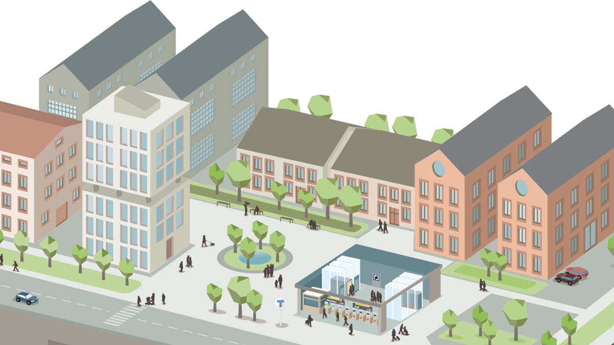 FUT planerar konst i nya tunnelbanan samtidigt som planeringen av hur de nya stationerna ska se ut. En illustration av en tunnelbanestation ovan jord, med flera hissar men utan trappor.