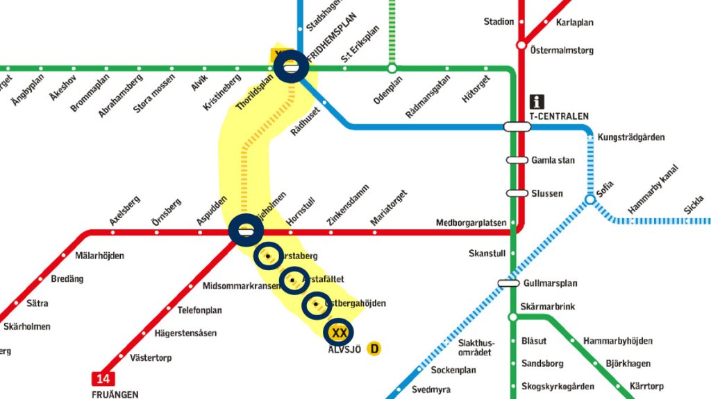 En illustration visar hur gula linjen ansluter till nuvarande tunnelbanelinjer vid Liljeholmen och Fridhemsplan. I Älvsjö ansluter den även till pendeltåget.