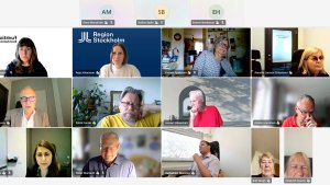 Flera olika personer i ett digitalt möte. Varje person har en egen ruta.