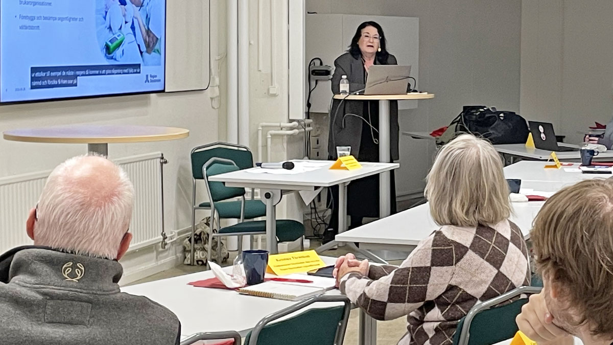 Annette Birnbaum från patientnämnden talar. Intill henne visas en presentation på en stor skärm.